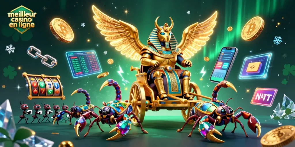 Découvrez le meilleur casino en ligne avec un scarabée doré majestueux et des éléments de jeu captivants.