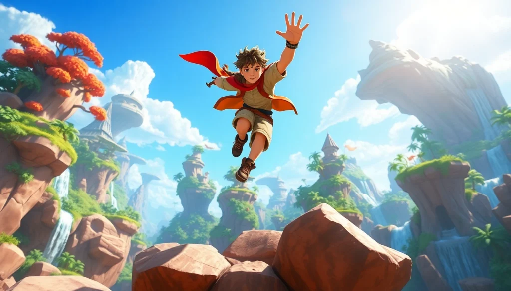 Engage with the yono game character exploring a vibrant, floating landscape filled with fantasy elements.