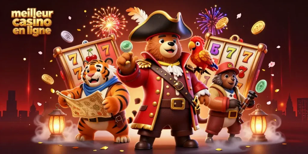 Illustration dynamique avec un ours pirate et un tigre pour le meilleur casino en ligne, entourés de machines à sous.
