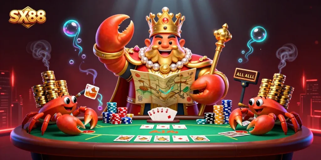 SX88 crab emperor holding a scepter and treasure map surrounded by poker elements.