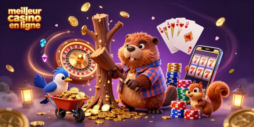 Cette illustration montre le meilleur casino en ligne avec un castor qui abat un arbre, laissant tomber des pièces d'or.
