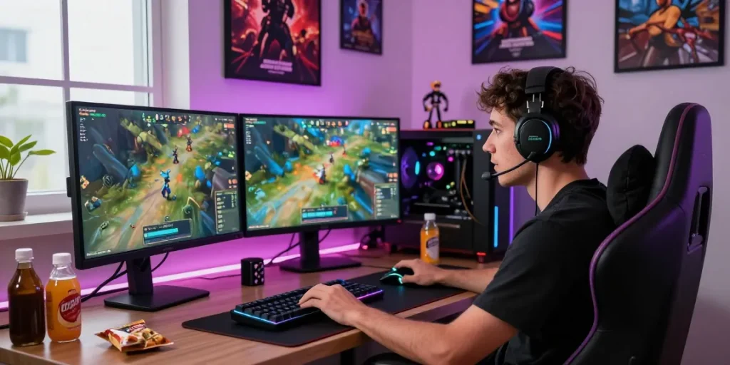 Gamer fokus pada permainan dengan peralatan canggih dalam suasana gaming modern, menciptakan prediksi permainan yang menarik.