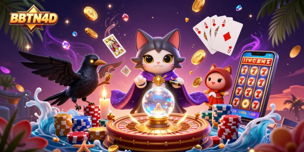 BBTN4D menyajikan suasana bermain slot dengan karakter kucing ramal yang mempesona dan elemen judi lainnya