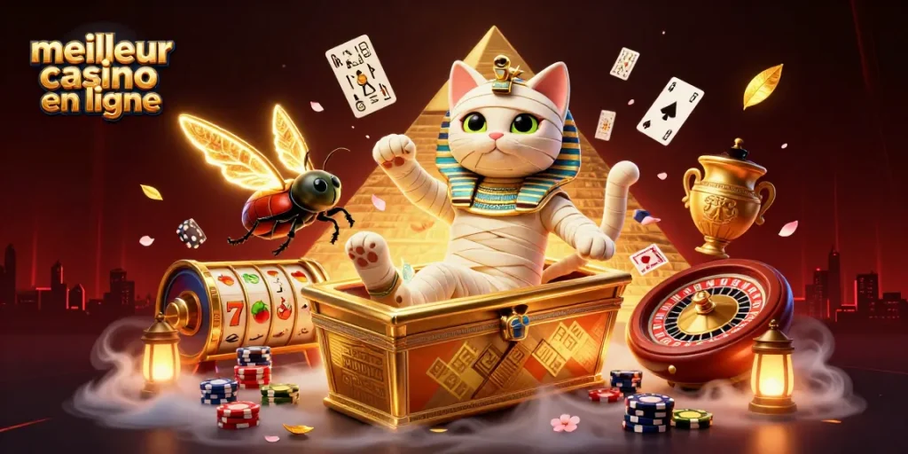 Illustration dynamique d'un meilleur casino en ligne avec un chat momie égyptien et des jeux captivants.