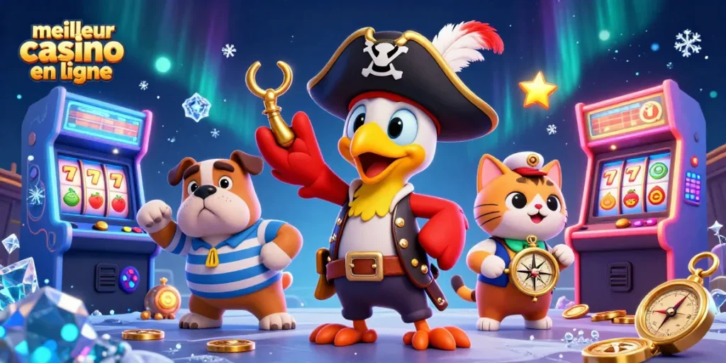 Découvrez le meilleur casino en ligne avec un pirate, un bulldog et un chat navigant parmi les jeux colorés.