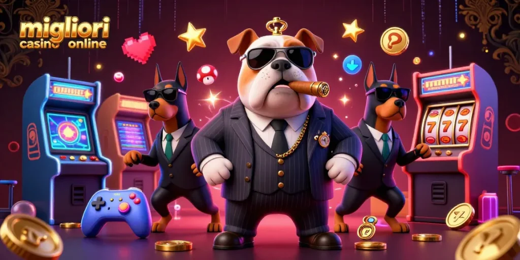 Gioca nei migliori casino online con questa illustrazione vivace di un boss mafioso e i suoi scagnozzi.