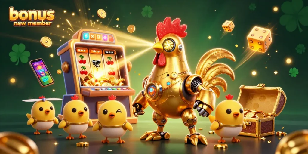 Win big with a bonus new member offer featuring a vibrant 3D casino illustration.