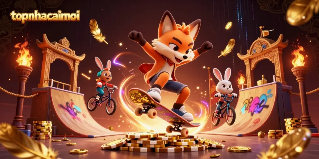 topnhacaimoi showcases lively casino action with a skateboarder fox and BMX rabbit.
