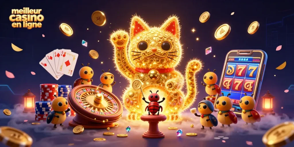 Le meilleur casino en ligne : Illustration animée d'un chat porte-bonheur entouré de pièces d'or et de cartes de jeu.