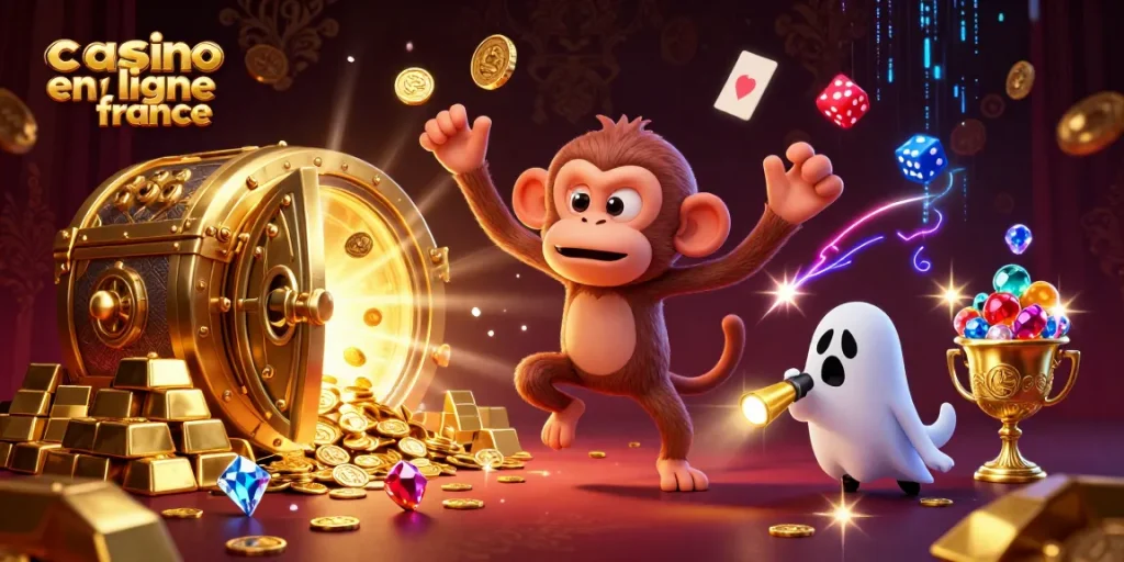Illustration colorée de jeux au casino en ligne France, avec des objets d'or et un monkey farceur.