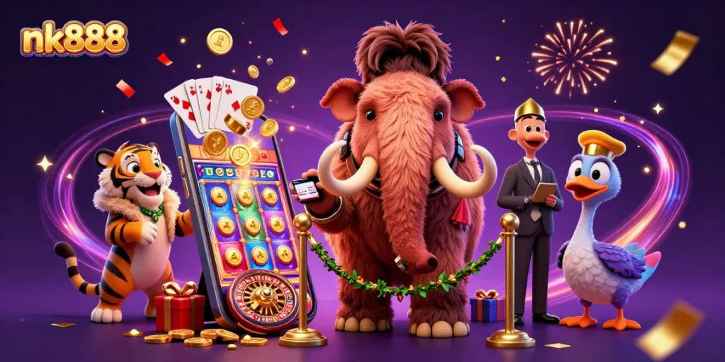 Join the excitement at nk888 with bouncers, VIP guests, and slot games amid vibrant decorations!