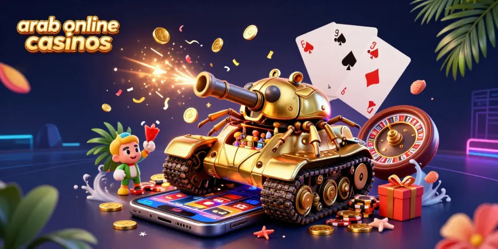 Experience arab online casinos with vibrant slots and colorful games erupting in a lively scene.