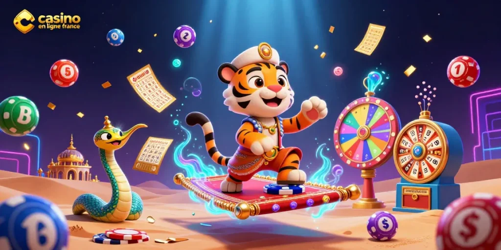 Découvrez les sensations du casino en ligne France avec un sultan tigre sur son tapis volant et des ballons de loterie colorés.