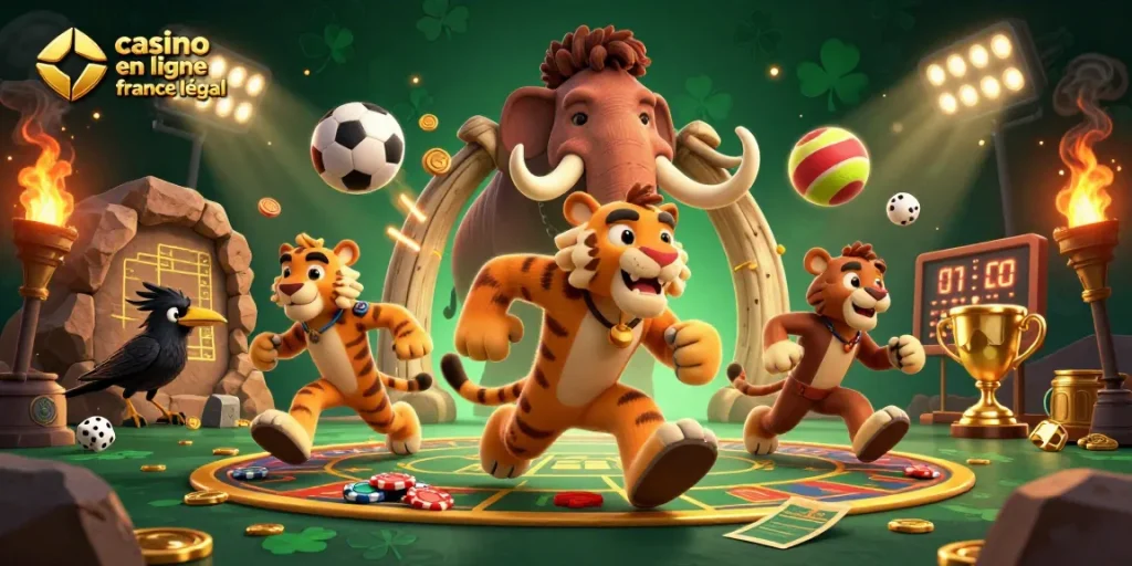 Illustration dynamique de casino en ligne France légal avec personnages et éléments ludiques, mettant en avant l'expérience de jeu.