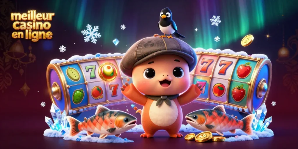 Visualisez le meilleur casino en ligne avec un bébé Nessie et des machines à sous colorées en arrière-plan.
