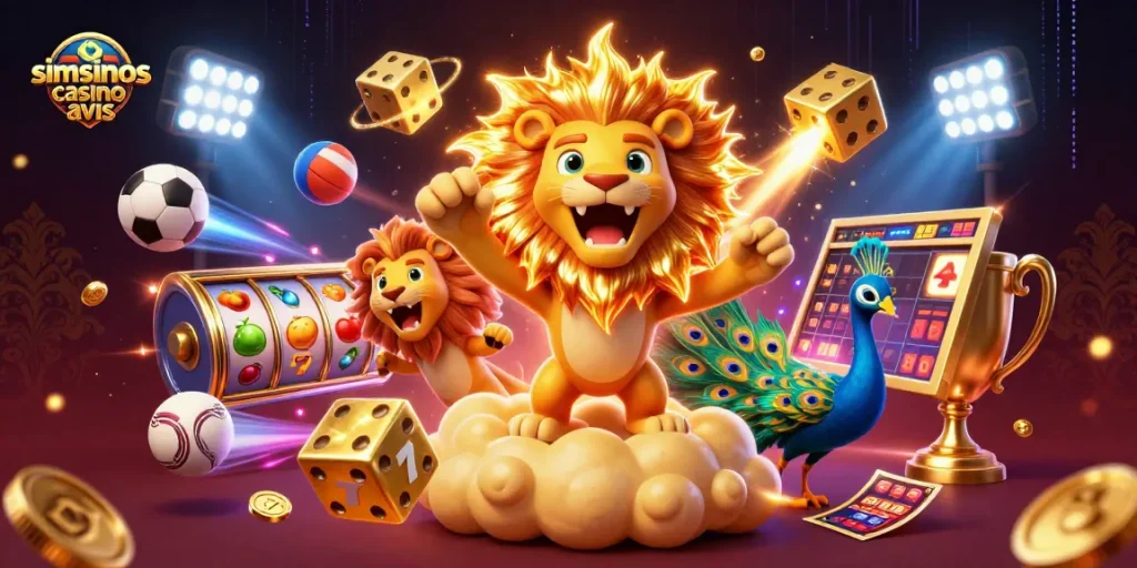 Simsinos casino avis : analysez les jeux de casino en ligne avec un lion majestueux et des éléments dorés.