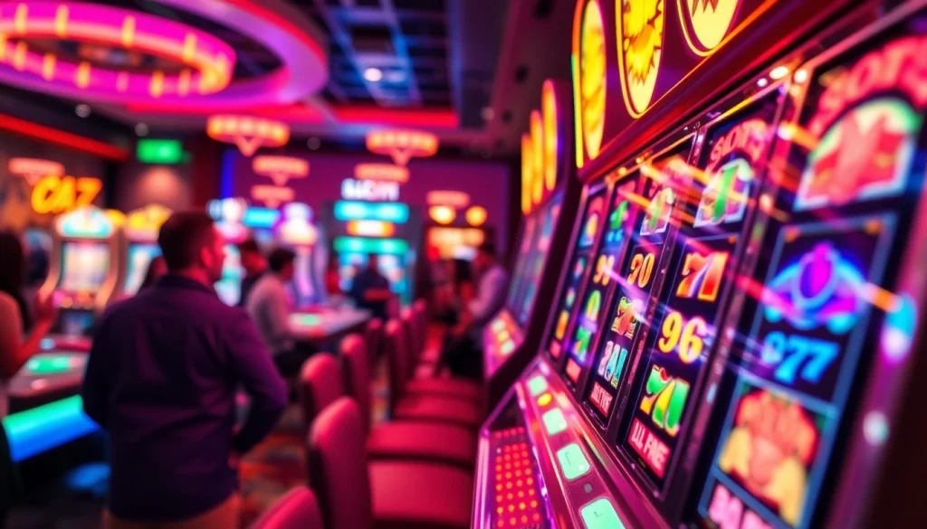 Slot88 machine highlighting vibrant graphics and excited players in a lively casino setting.