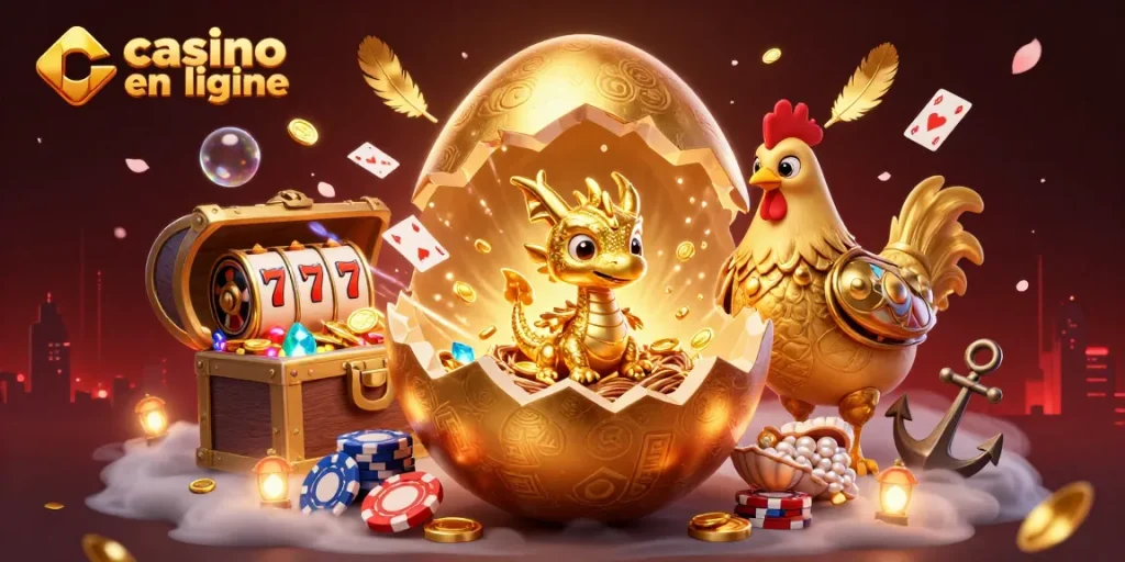 Visualisez le monde des casinos en ligne avec un dragon doré et des jetons de poker.