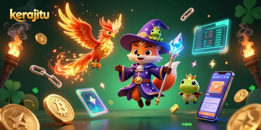 Engage with kerajitu through a dazzling illustration of a wizard fox amidst crypto elements.