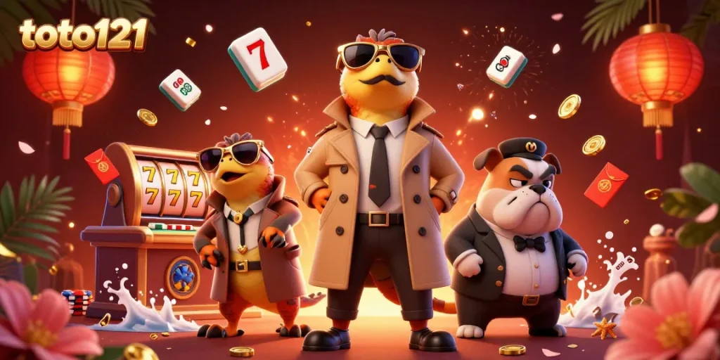 toto121 menghadirkan tiga raptor kartun dalam trench coat di VIP lounge kasino dengan elemen keberuntungan dan kemewahan.