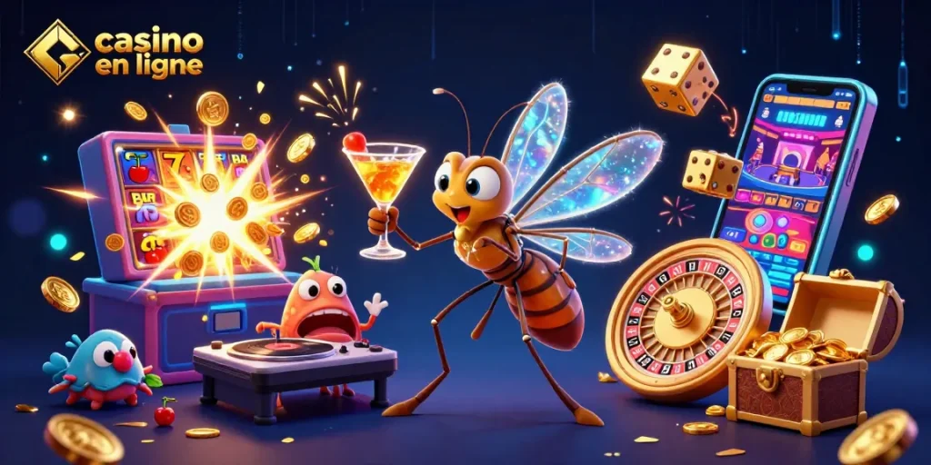 Le casino en ligne prend vie avec un moustique en ambre, une machine à sous et une roulette dorée.