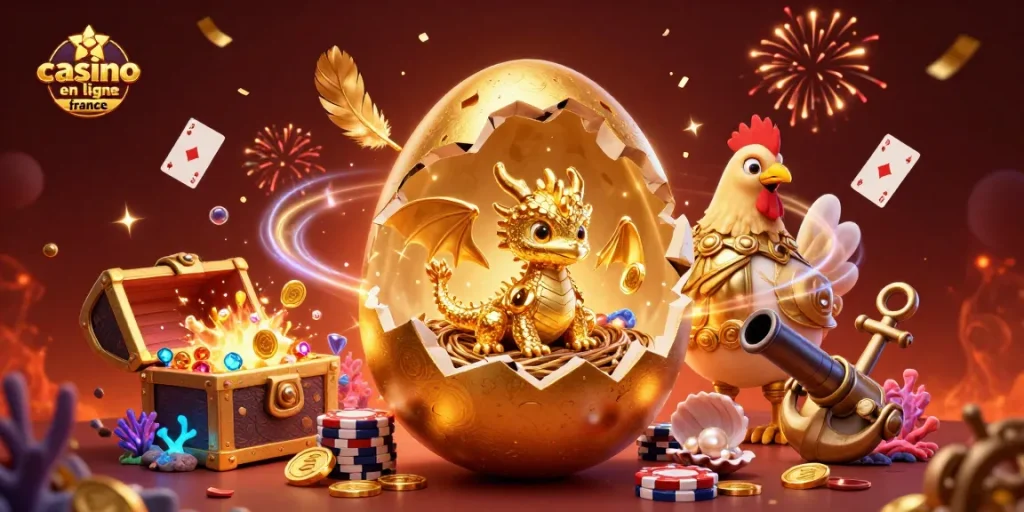 Illustration captivante de casino en ligne France avec un dragon doré gardé par une poule en armure, entouré de jetons et de trésors.