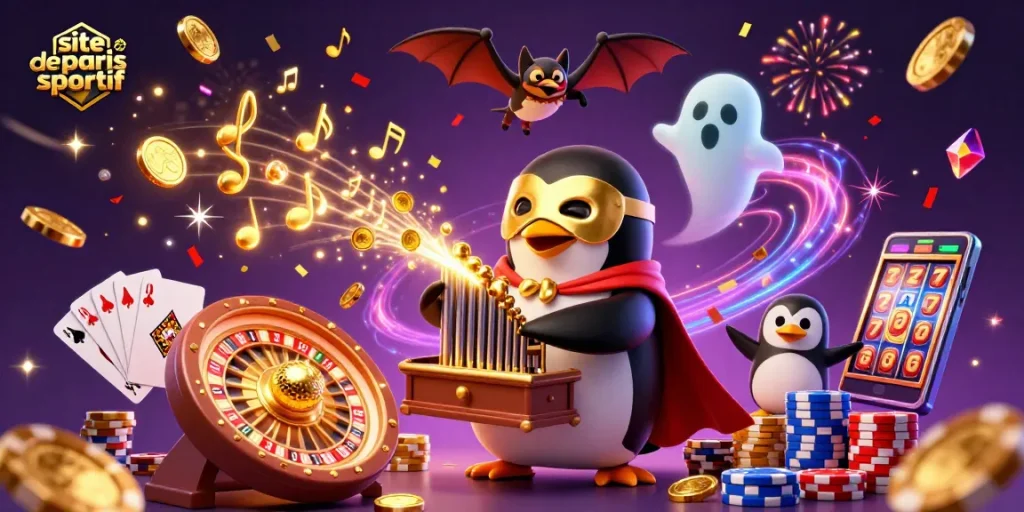 Le site de paris sportif propose une illustration animée de jeux de casino avec des gains en pièces d'or.