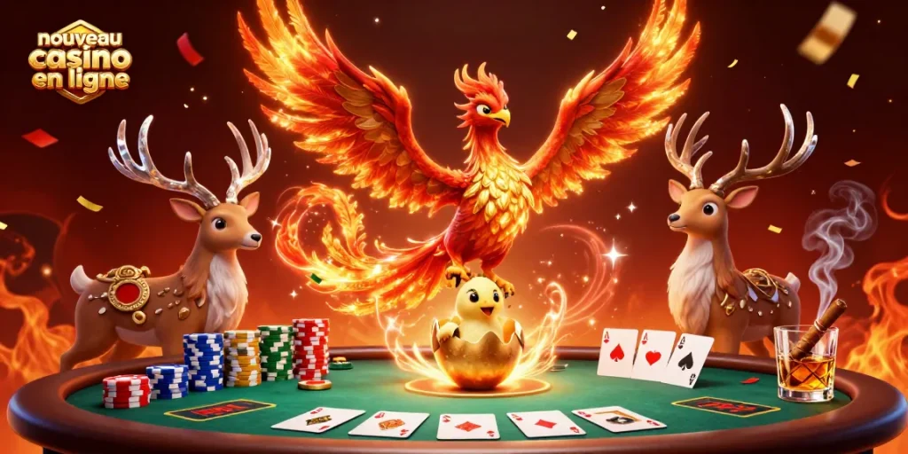 Découvrez l'univers des nouveaux casinos en ligne avec un phénix flamboyant et des éléments de poker dynamiques.