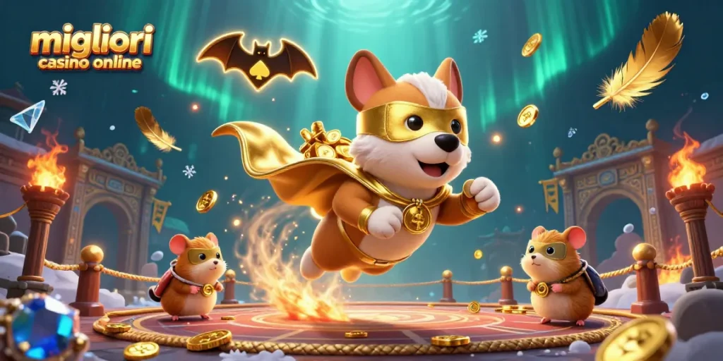 Scopri i migliori casino online con un cane supereroe e un criceto mascherato in un'illustrazione vivace.