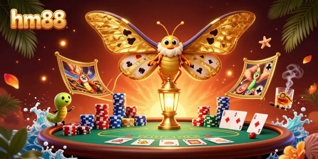 Engage in thrilling gameplay at HM88 casino with vibrant poker scenes and golden elements.