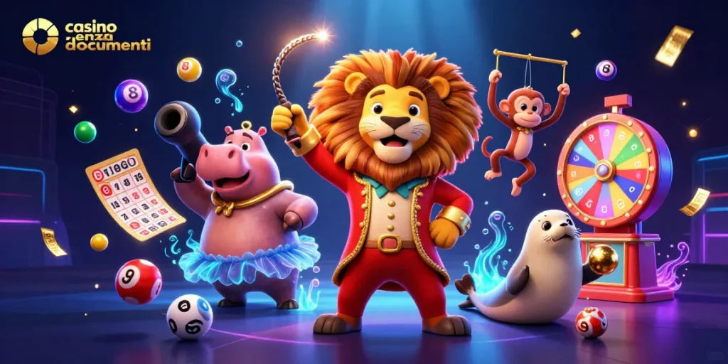 Gioca nei migliori casino senza documenti con personaggi colorati e palloni lotteria volanti.
