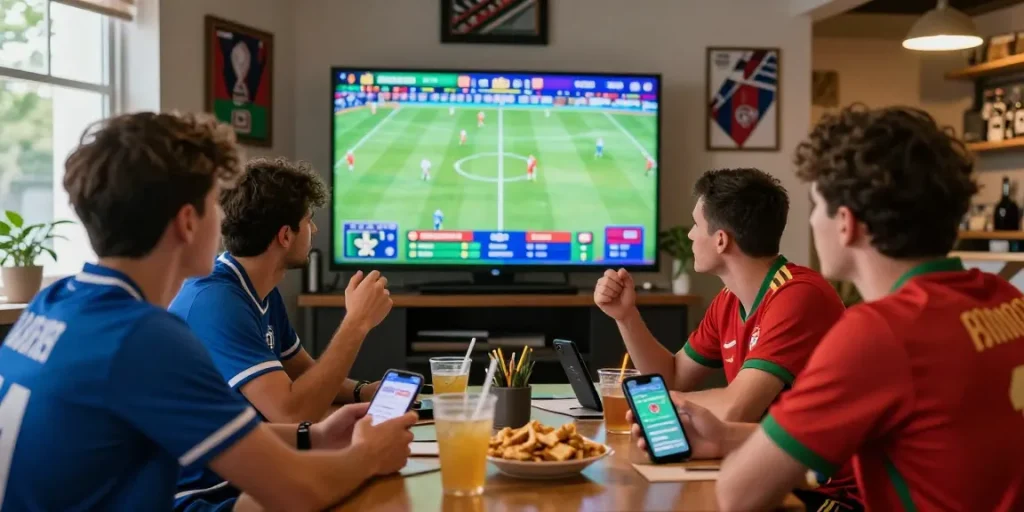 Fans enjoying GACOR25 sports betting at the World Cup 2026 at https://golvflooring.com, lively atmosphere with screens and mobile apps.