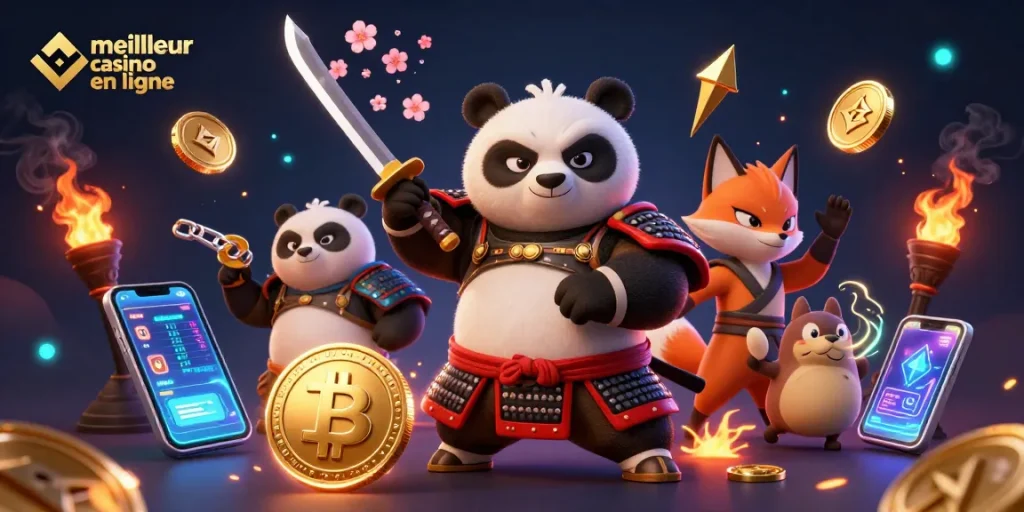Jouer sur le meilleur casino en ligne avec une scène dynamique d'un panda samouraï et un renard ninja.