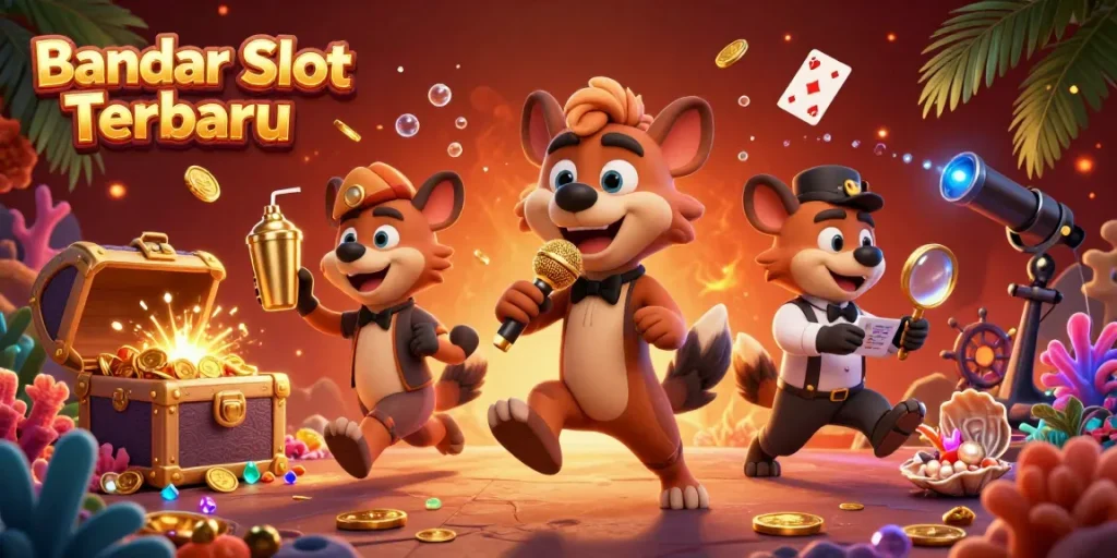 Experience thrilling entertainment with Bandar Slot Terbaru in this vibrant casino scene featuring hyenas and playful gambling elements.