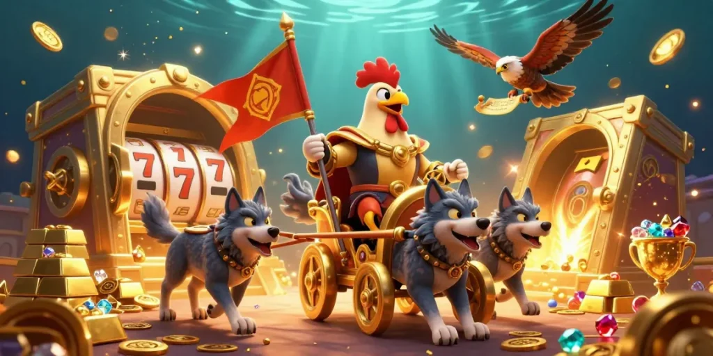 Découvrez le meilleur casino en ligne avec ce visuel captivant de jeux et trésors en 3D.