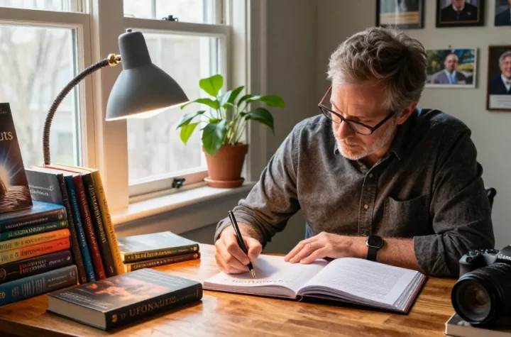 Explore T Allen Greenfield's writing space at https://tallengreenfield.com, adorned with esoteric literature and warm lighting.