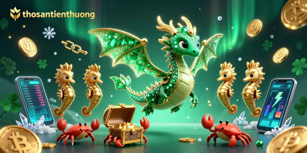 Experience thosantienthuong's 3D treasure-laden sea dragon adventure with vibrant coins and winning outcomes.