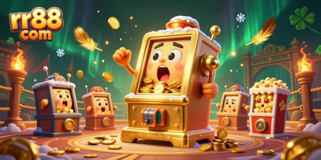 Experience gaming excitement with rr88 com's jackpot scene featuring shining slot machines and vibrant coins.