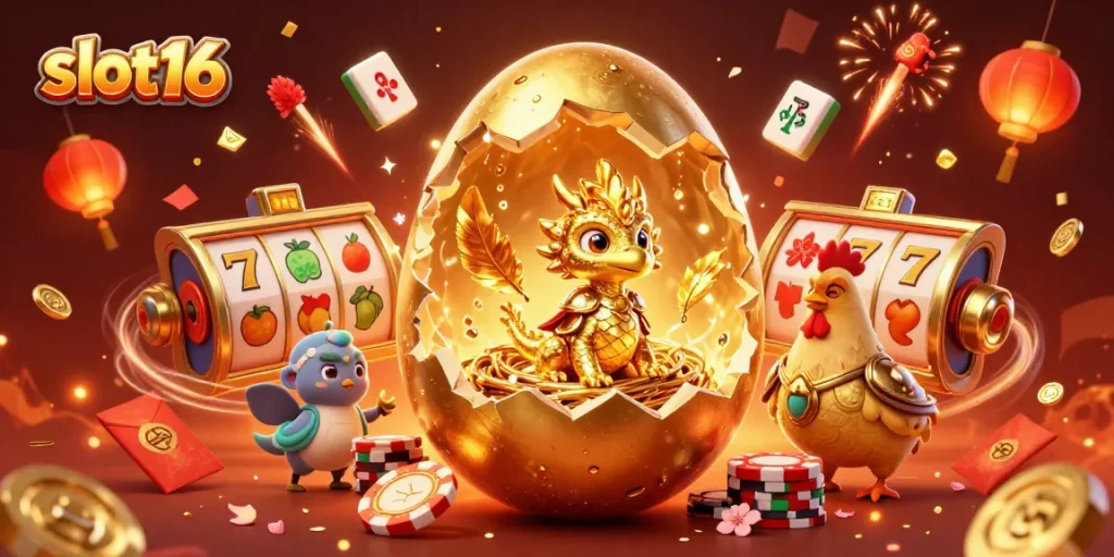 Experience thrilling wins with slot16's dazzling golden egg illustration and festive casino elements.