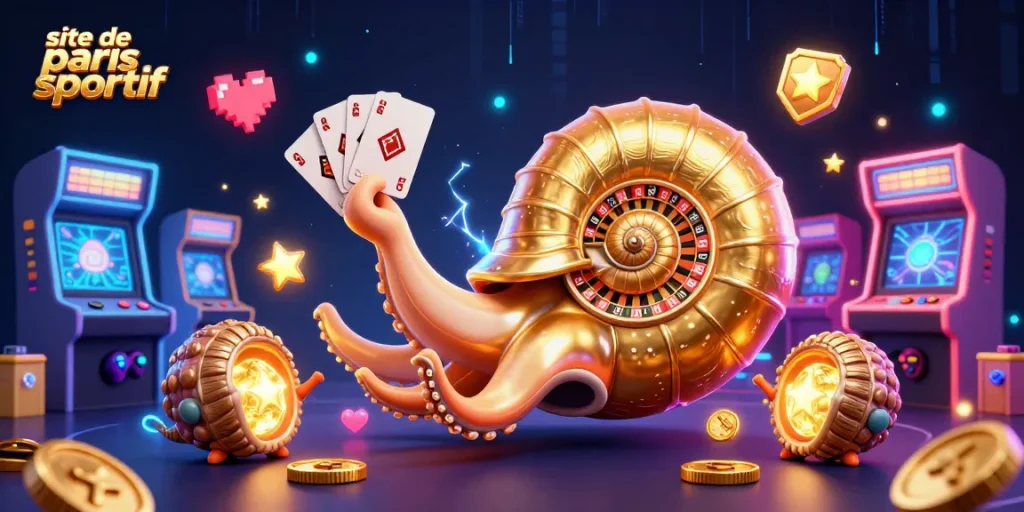 Visualisez le site de paris sportif avec une illustration 3D riche en éléments de jeu et des animaux marins.