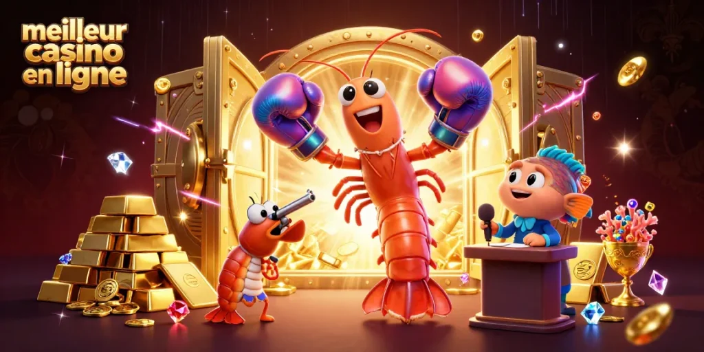 Scène dynamique du meilleur casino en ligne avec des personnages colorés et des trésors étincelants.