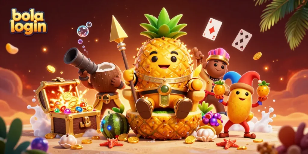 Bola login sports betting scene featuring a pineapple king and coconut guards with treasures