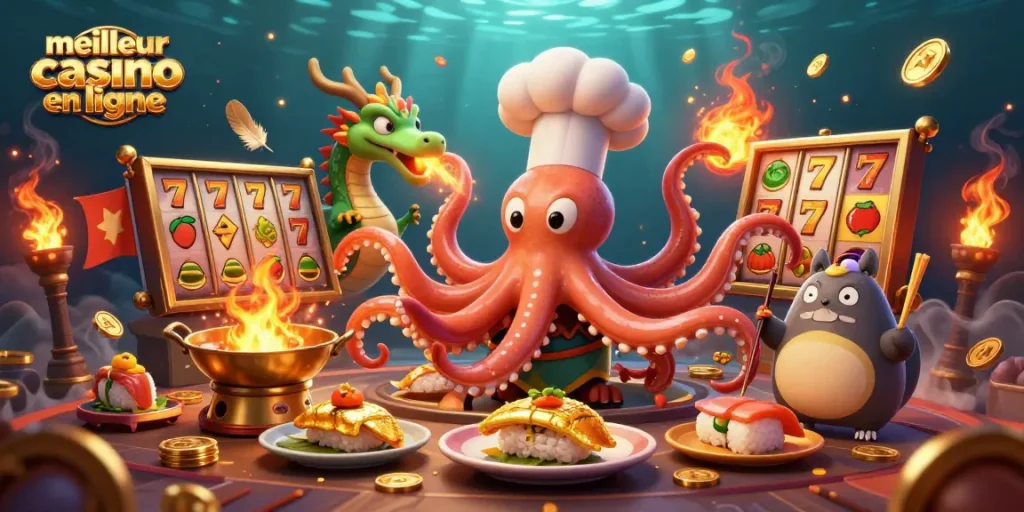 Jouez au meilleur casino en ligne avec des jeux dynamiques illustrés par un chef sushi, un dragon, et un client tanuki.