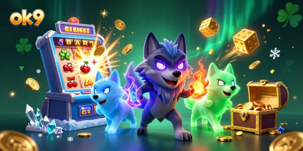 Win big with ok9 at our vibrant online casino featuring a dynamic wolf-themed slot machine.