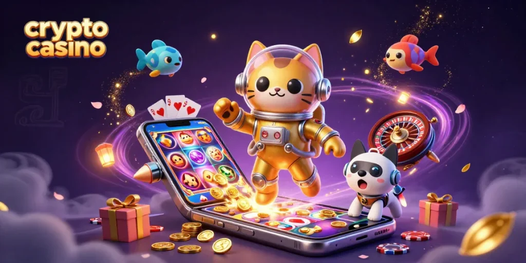 Giocatori vincitori nel crypto casino mentre esplorano un'illustrazione vibrante e dettagliata.