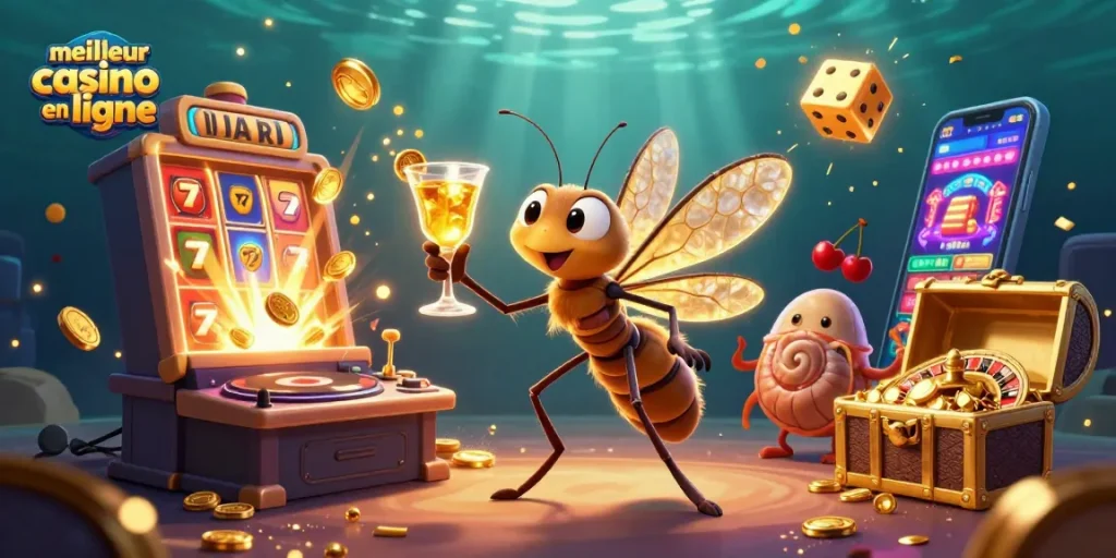 Découvrez le meilleur casino en ligne avec une illustration vivante d'un moustique de l'époque préhistorique en mascotte de casino.
