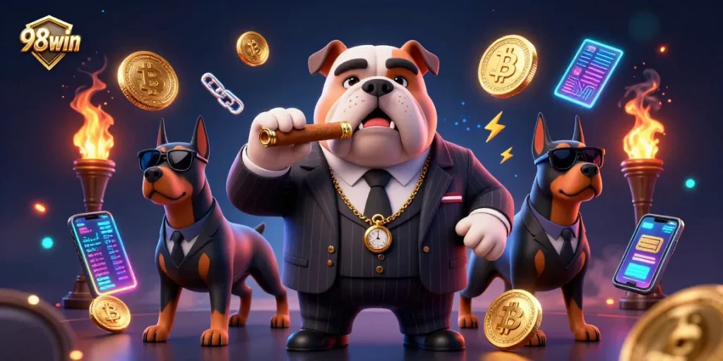 Engage in thrilling bets at 98win, featuring a mafia boss bulldog and bodyguard Dobermans in a dynamic casino scene.