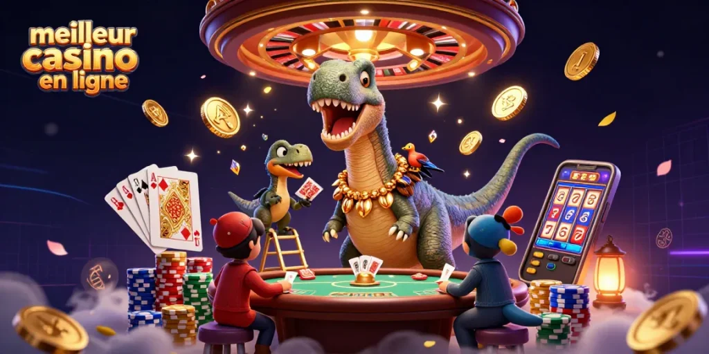 Illustration d'un brontosaurus et un raptor dans un casino, mettant en avant le meilleur casino en ligne.