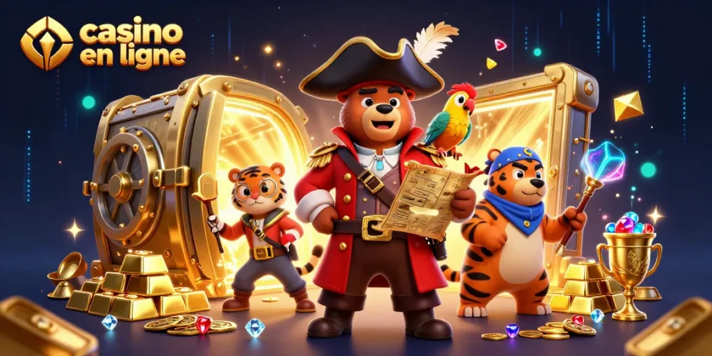 Expérimentez le frisson du casino en ligne avec cette illustration animée mettant en scène un pirate et un tigre au trésor.