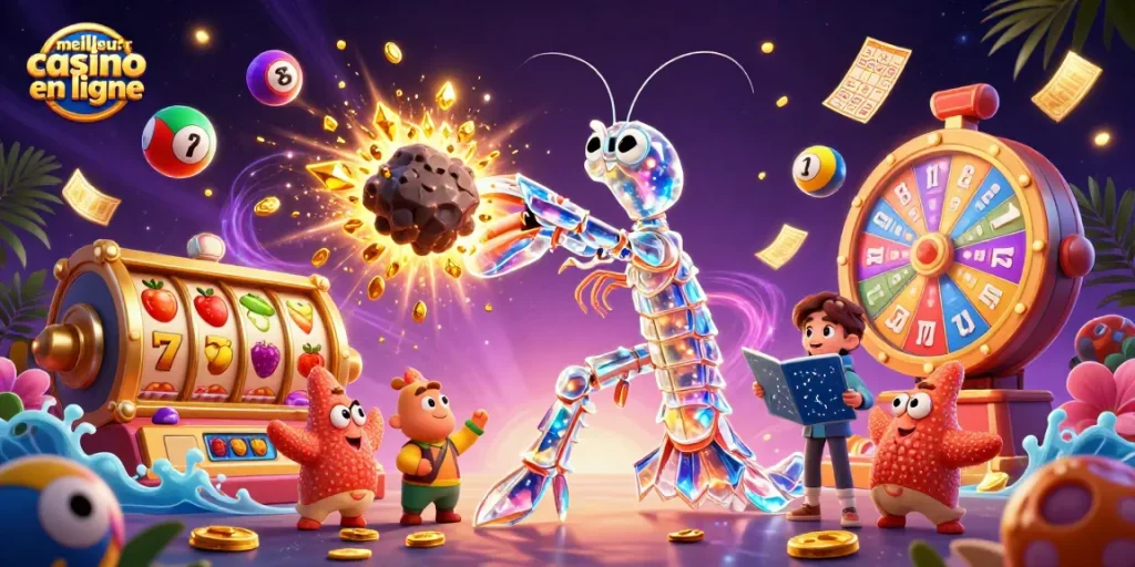 Illustration dynamique du meilleur casino en ligne, présentant un samouraï mantis et des éléments de jeu vibrants.